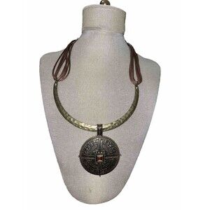 Gold Tone Collar Necklace Large Pendant Leather Cording